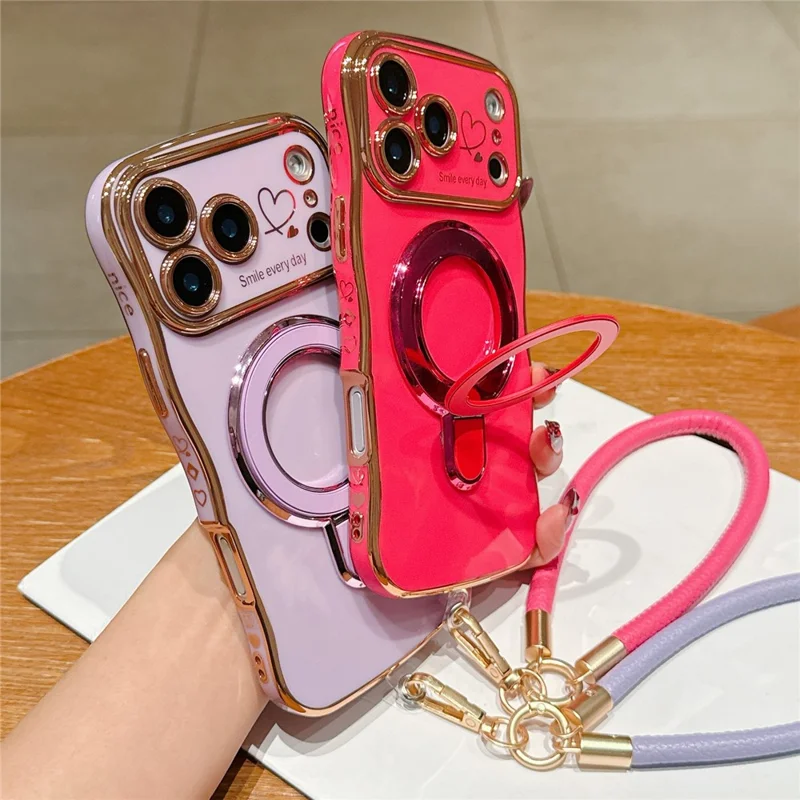 For iPhone 18 Pro Max  /  17 Pro Max Case Kickstand Electroplating Wave Frame Love Printing TPU Back Cover with Hand Strap - Rose