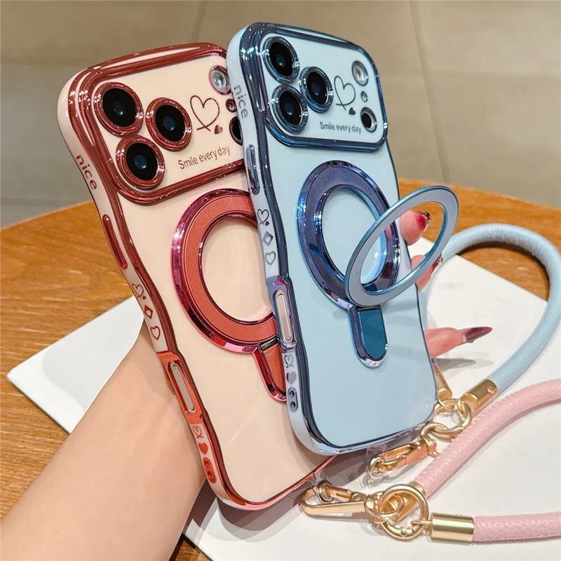 For iPhone 18 Pro Max  /  17 Pro Max Case Kickstand Electroplating Wave Frame Love Printing TPU Back Cover with Hand Strap - Rose
