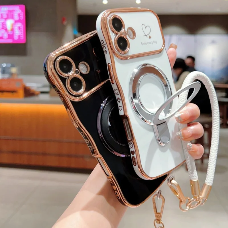 For iPhone 16 Case Kickstand Electroplating Wave Frame Love Printing TPU Back Cover with Hand Strap - Green