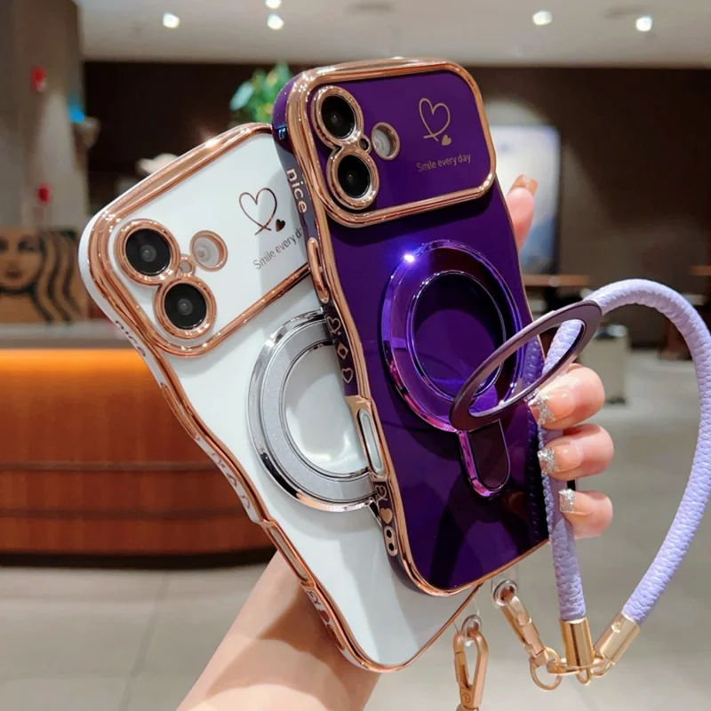 For iPhone 16 Case Kickstand Electroplating Wave Frame Love Printing TPU Back Cover with Hand Strap - Green