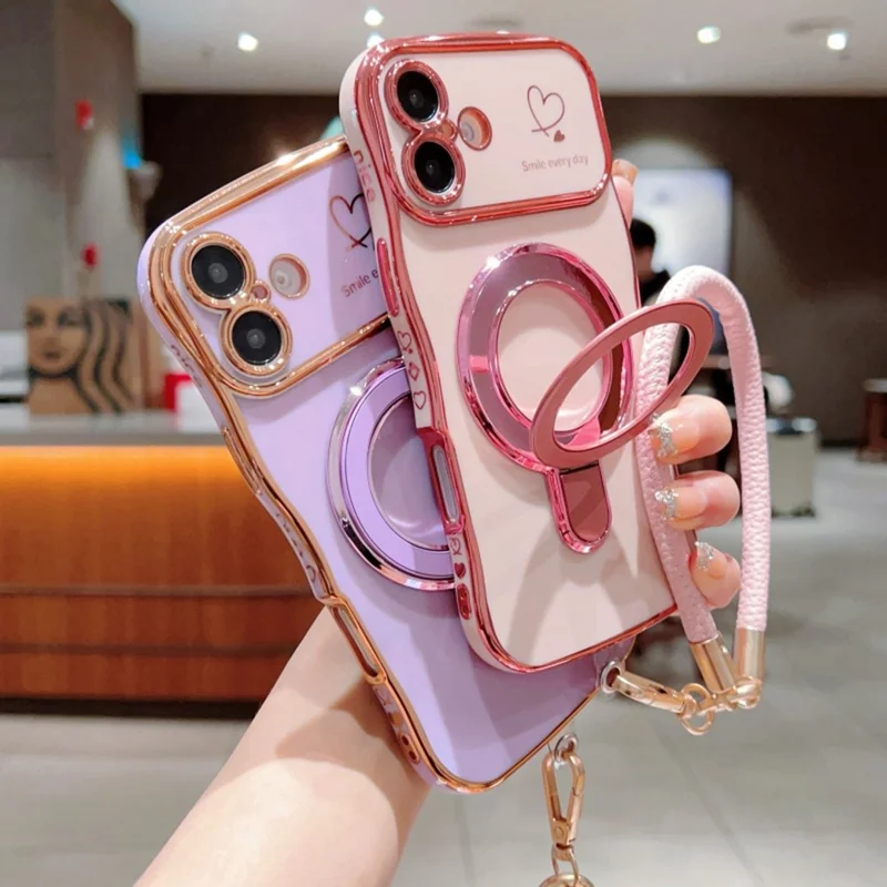 For iPhone 16 Case Kickstand Electroplating Wave Frame Love Printing TPU Back Cover with Hand Strap - Green