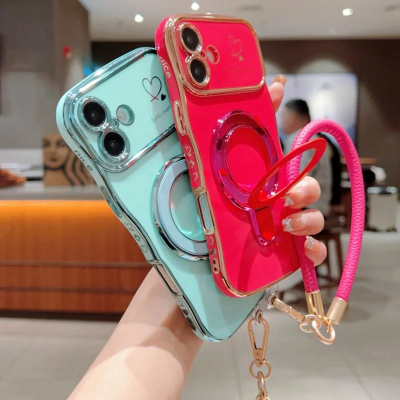For iPhone 16 Case Kickstand Electroplating Wave Frame Love Printing TPU Back Cover with Hand Strap - Green