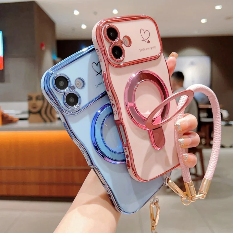 For iPhone 16 Case Kickstand Electroplating Wave Frame Love Printing TPU Back Cover with Hand Strap - Green