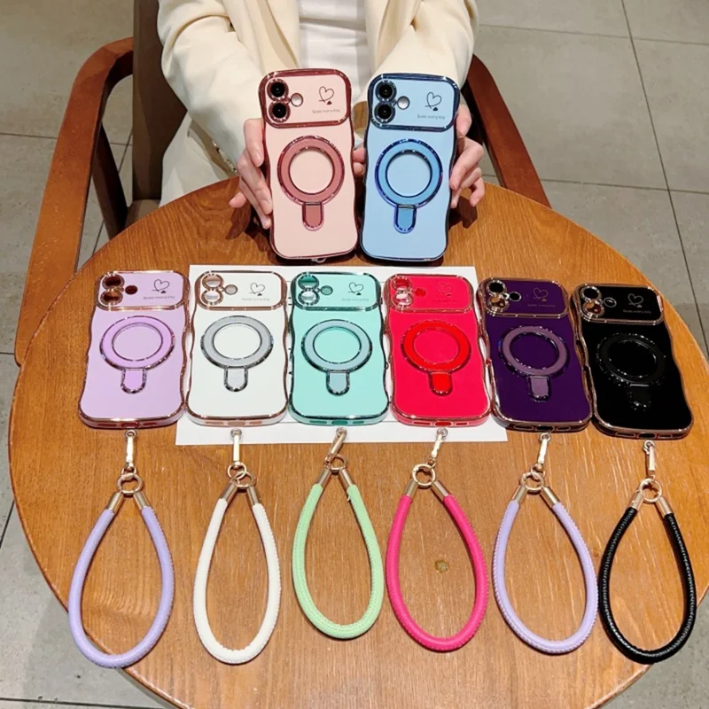 For iPhone 16 Case Kickstand Electroplating Wave Frame Love Printing TPU Back Cover with Hand Strap - Green
