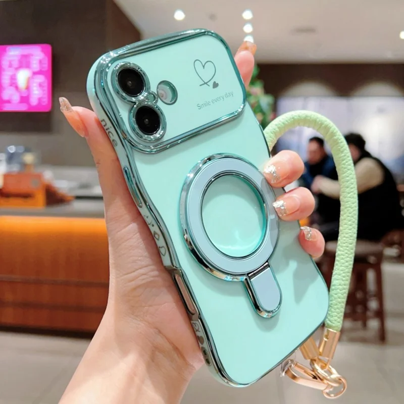 For iPhone 16 Case Kickstand Electroplating Wave Frame Love Printing TPU Back Cover with Hand Strap - Green