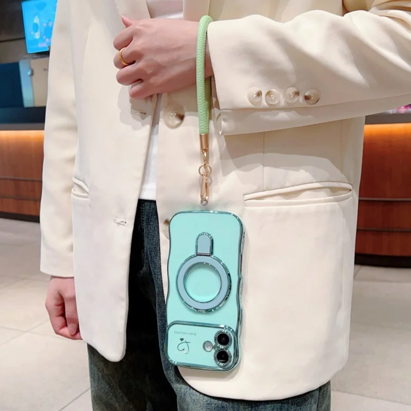 For iPhone 16 Case Kickstand Electroplating Wave Frame Love Printing TPU Back Cover with Hand Strap - Green