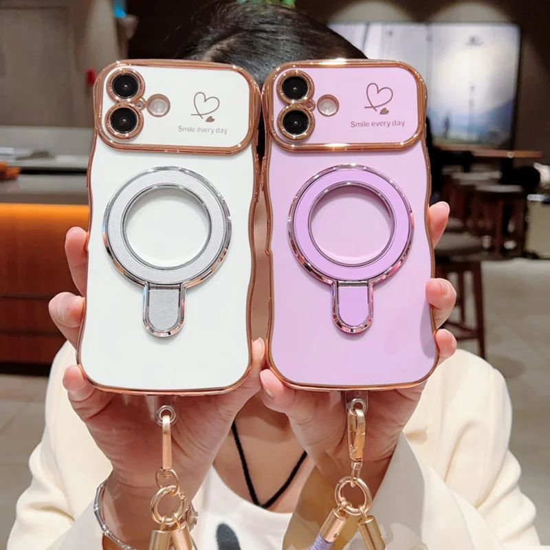 For iPhone 16 Case Kickstand Electroplating Wave Frame Love Printing TPU Back Cover with Hand Strap - Green