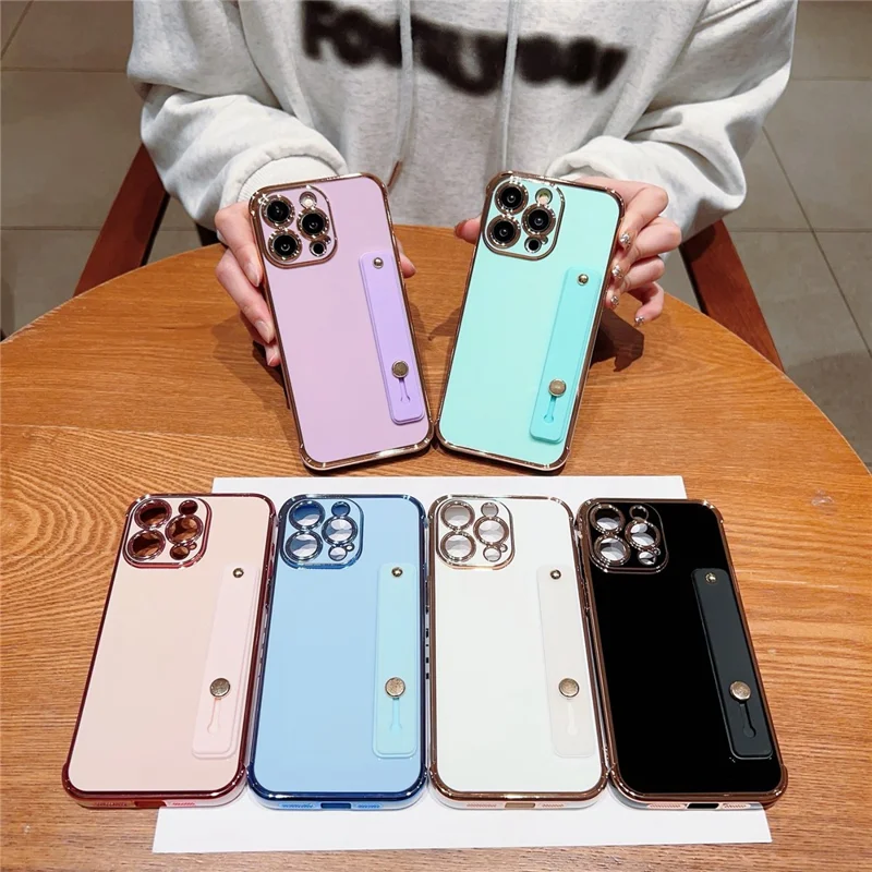 For iPhone 15 Pro Max Case with Strip Kickstand Electroplated Edge TPU Phone Cover - Ivory White