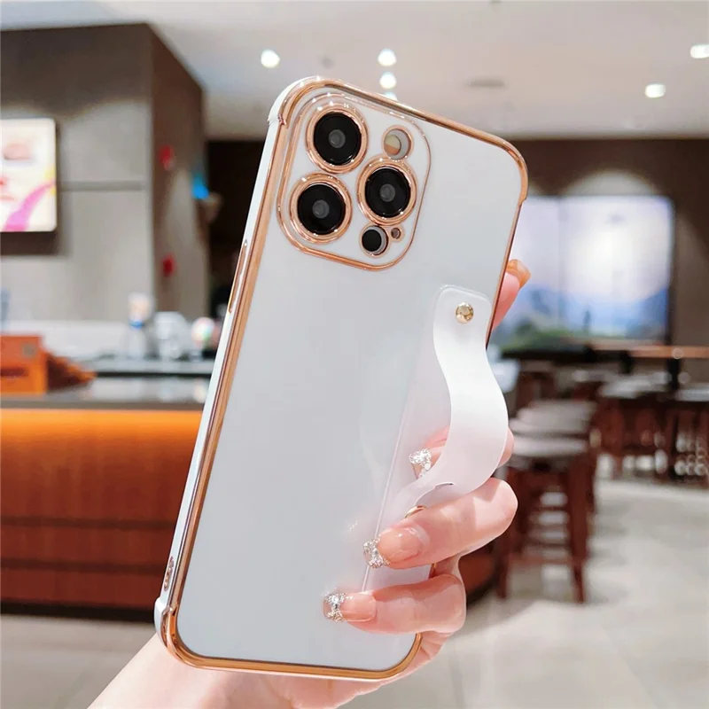 For iPhone 15 Pro Max Case with Strip Kickstand Electroplated Edge TPU Phone Cover - Ivory White
