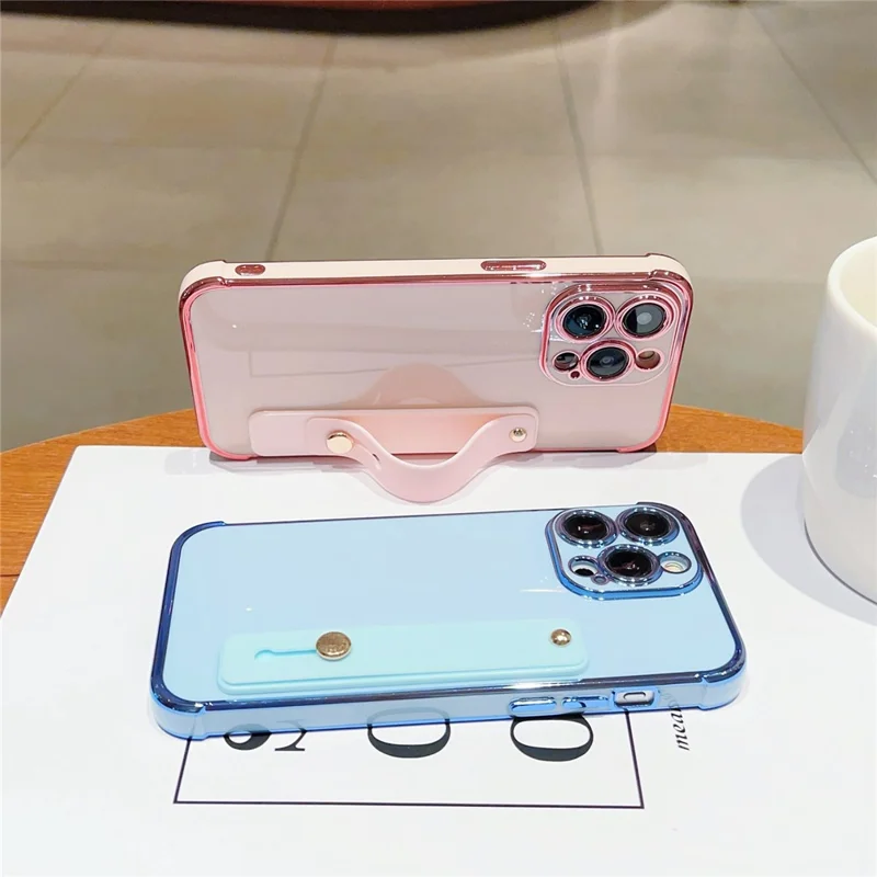 For iPhone 15 Pro Max Case with Strip Kickstand Electroplated Edge TPU Phone Cover - Ivory White