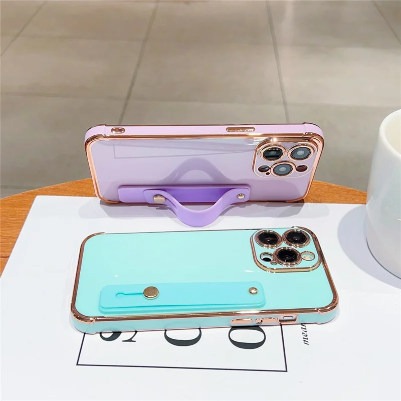 For iPhone 15 Pro Max Case with Strip Kickstand Electroplated Edge TPU Phone Cover - Ivory White
