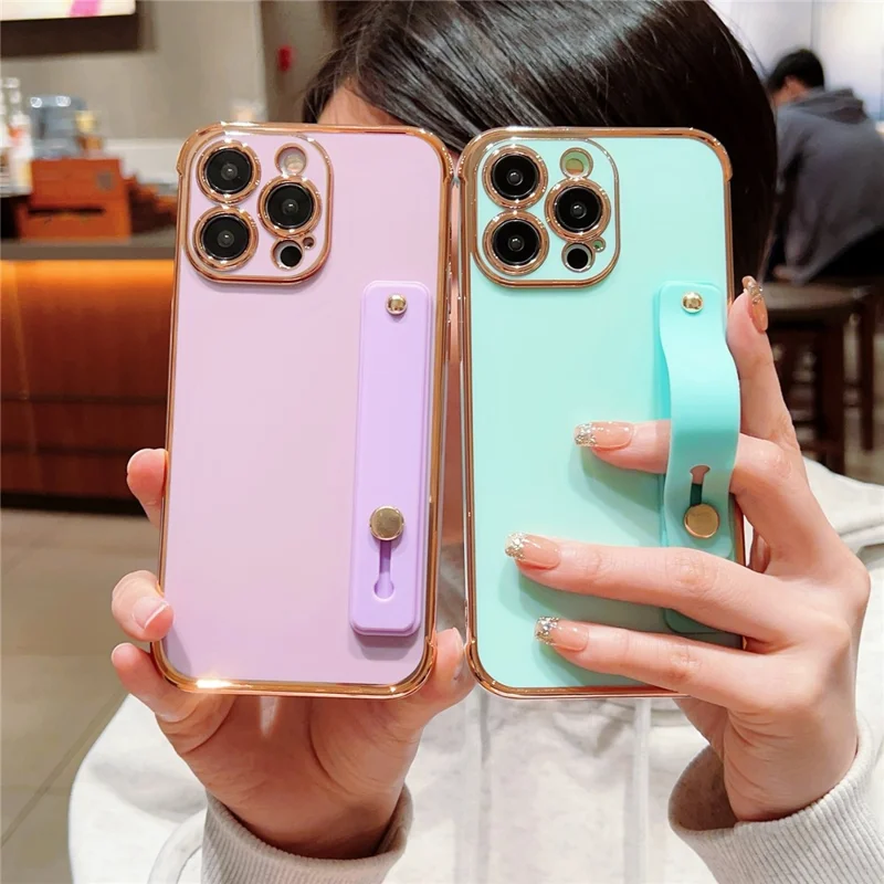 For iPhone 15 Pro Max Case with Strip Kickstand Electroplated Edge TPU Phone Cover - Ivory White