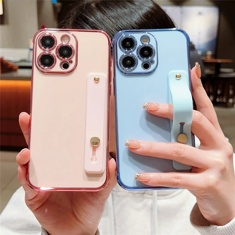 For iPhone 15 Pro Max Case with Strip Kickstand Electroplated Edge TPU Phone Cover - Ivory White