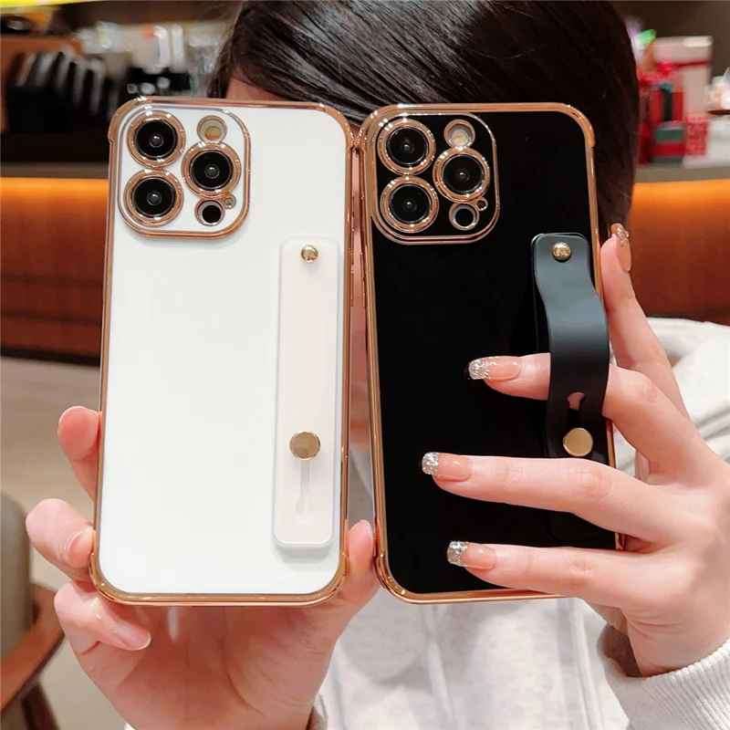 For iPhone 15 Pro Max Case with Strip Kickstand Electroplated Edge TPU Phone Cover - Ivory White