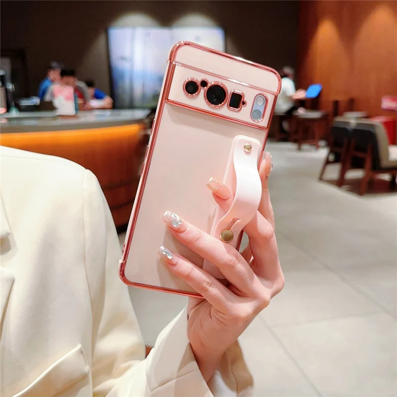 For Google Pixel 8 Pro TPU Case Wristband Kickstand Electroplated Frame Shockproof Phone Cover - Pink
