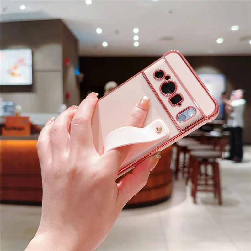 For Google Pixel 8 Pro TPU Case Wristband Kickstand Electroplated Frame Shockproof Phone Cover - Pink