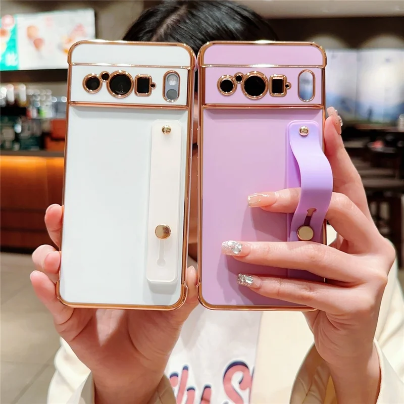 For Google Pixel 8 Pro TPU Case Wristband Kickstand Electroplated Frame Shockproof Phone Cover - Pink