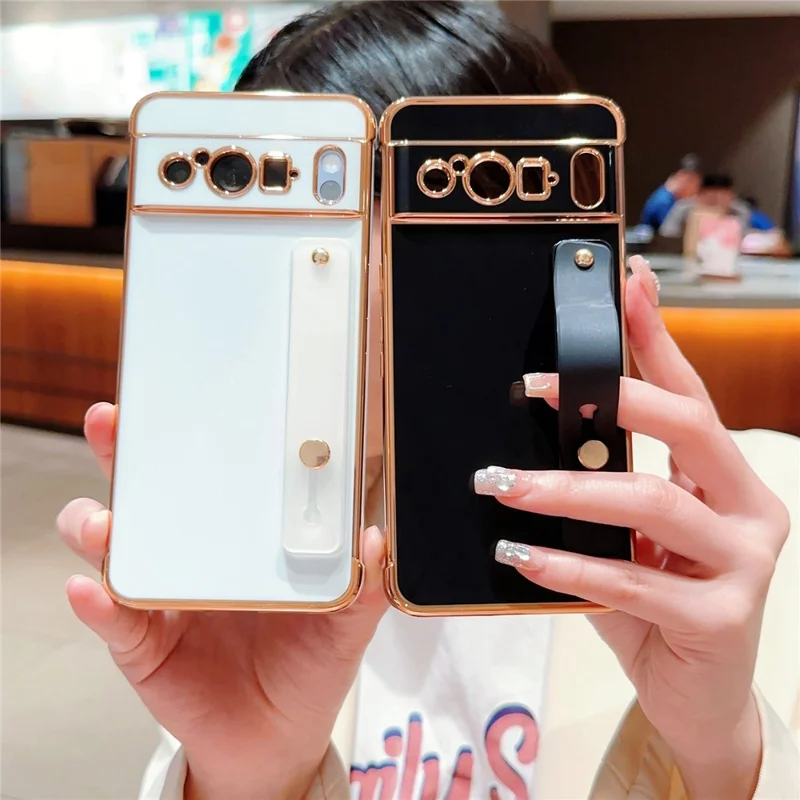 For Google Pixel 8 Pro TPU Case Wristband Kickstand Electroplated Frame Shockproof Phone Cover - Pink