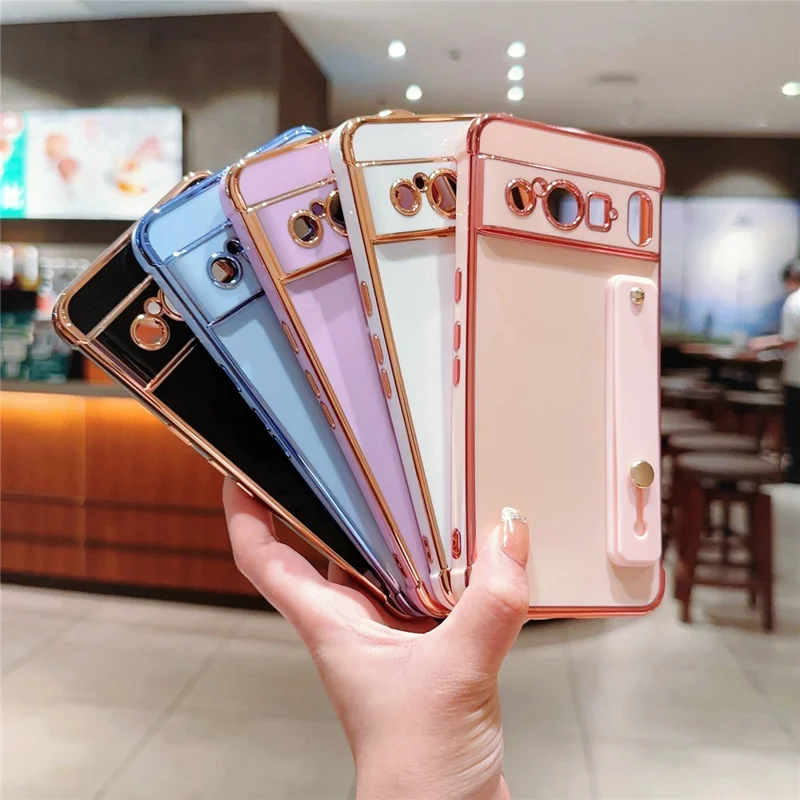 For Google Pixel 8 Pro TPU Case Wristband Kickstand Electroplated Frame Shockproof Phone Cover - Pink