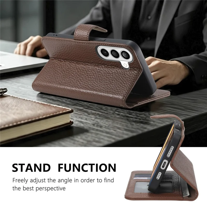 For Samsung Galaxy S25 FE Case RFID Blocking Wallet Split Leather Phone Cover - Dark Brown