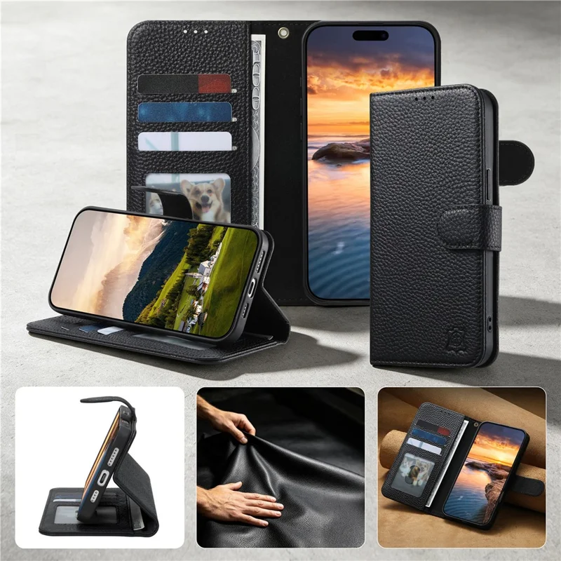 Telefonbeskyttelse til Google Pixel 10 / Pixel 10 Pro / Pixel 9 / Pixel 9 Pro, RFID-blokerende pung i split læder - Sort