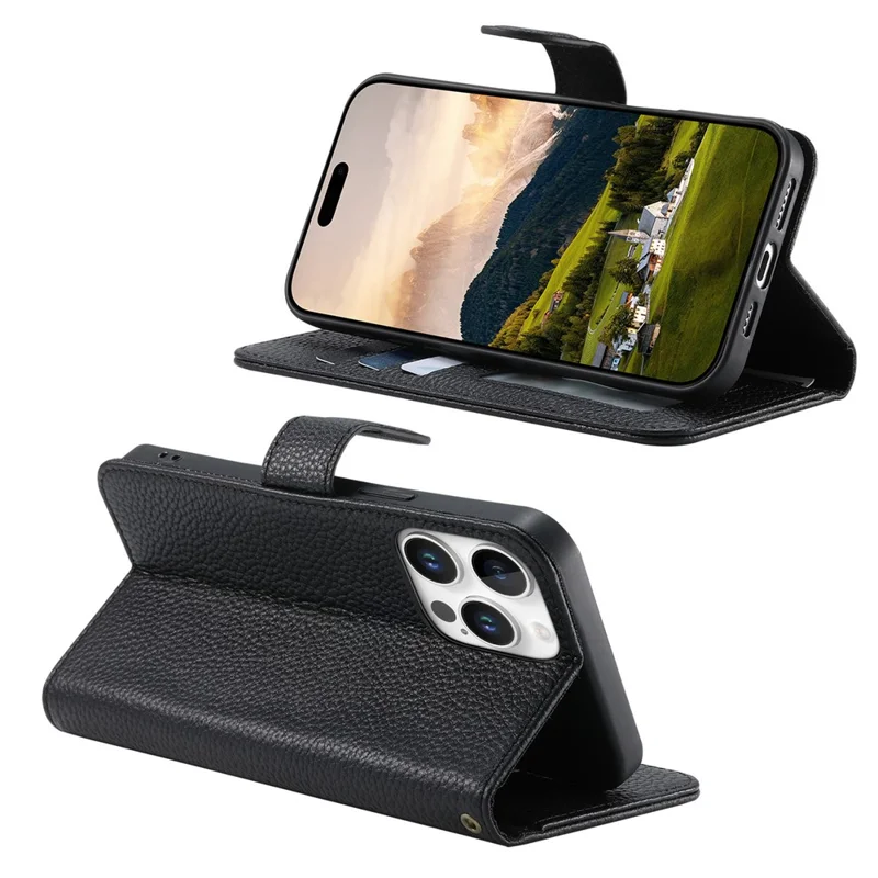 For iPhone 15 Pro Max Case RFID Blocking Wallet Split Leather Phone Cover - Black