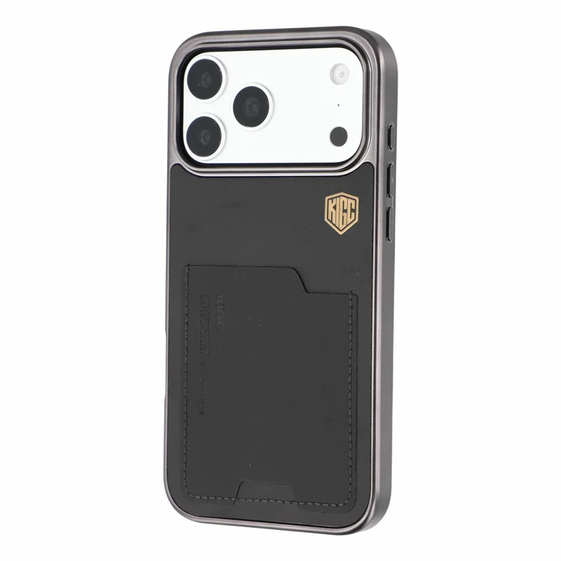 KIGC til iPhone 18 Pro Max / 17 Pro Max hylster i læder + PC + TPU med elektropladering og kortlomme - Sort