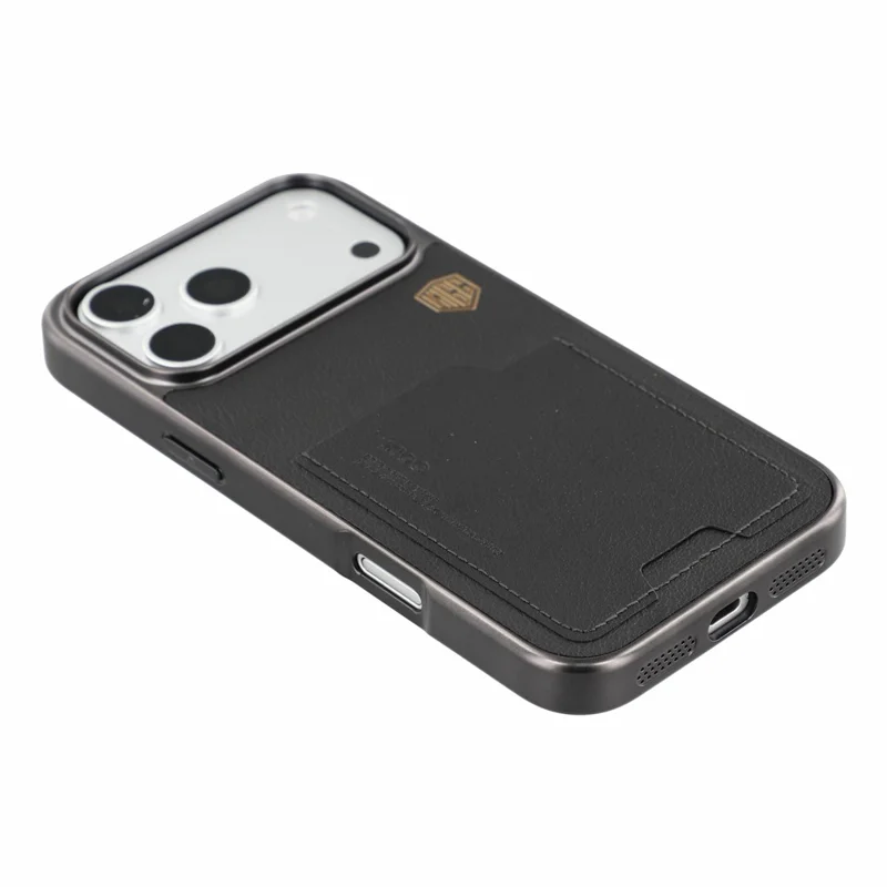 KIGC til iPhone 18 Pro Max / 17 Pro Max hylster i læder + PC + TPU med elektropladering og kortlomme - Sort