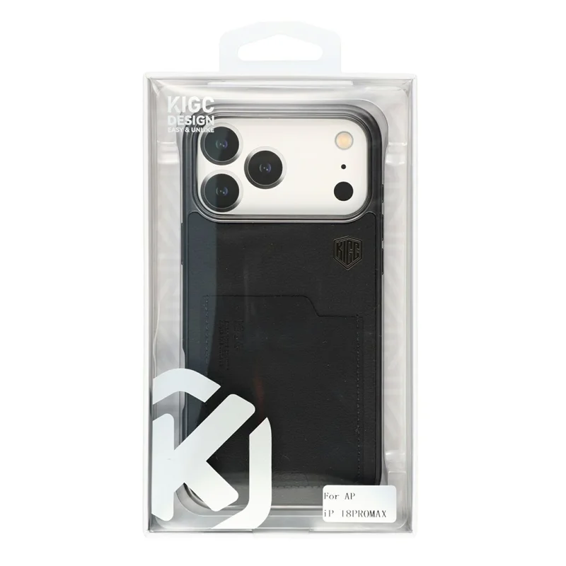 KIGC til iPhone 18 Pro Max / 17 Pro Max hylster i læder + PC + TPU med elektropladering og kortlomme - Sort