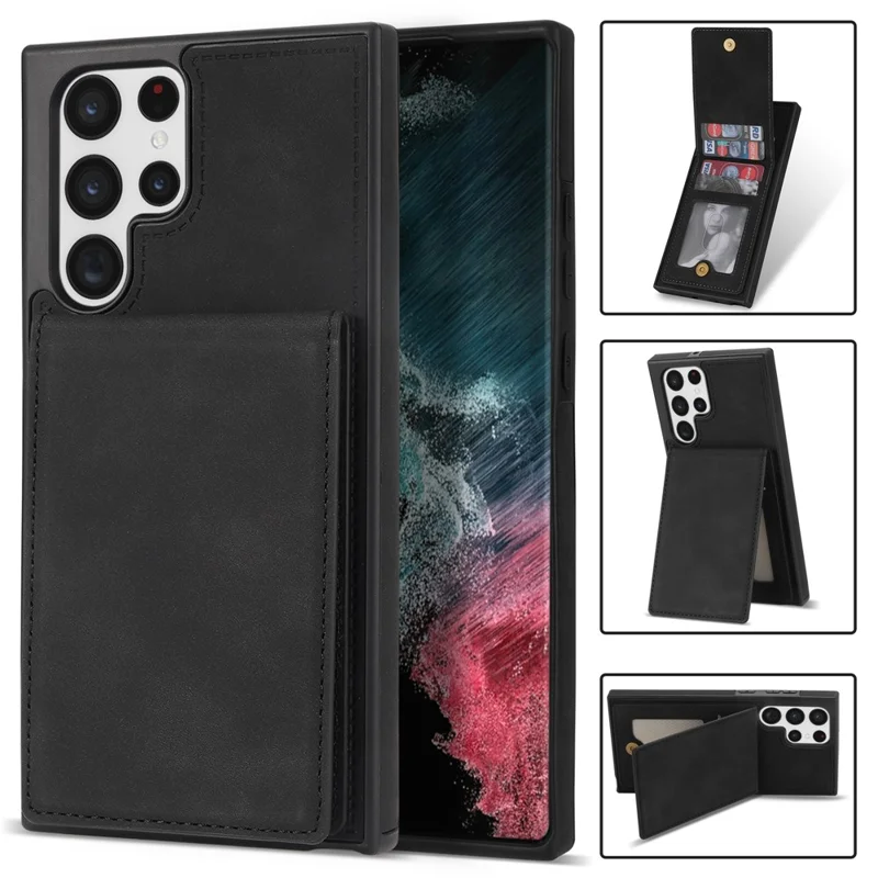 Back Cover for Samsung Galaxy S23 Ultra, Kickstand Design Scratch Proof Solid Color Phone Case RFID Blocking Multiple Card Slots Vertical Flip PU Leather Coated TPU Shell - Black