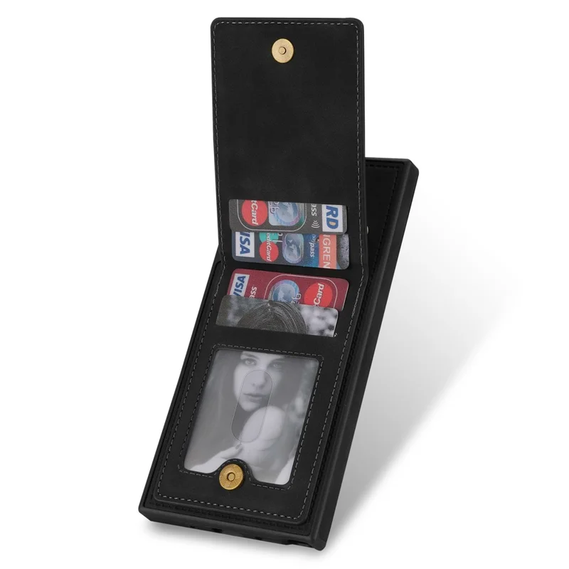 Back Cover for Samsung Galaxy S23 Ultra, Kickstand Design Scratch Proof Solid Color Phone Case RFID Blocking Multiple Card Slots Vertical Flip PU Leather Coated TPU Shell - Black