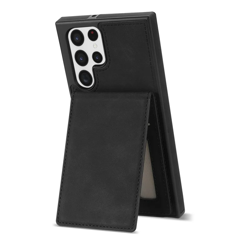 Back Cover for Samsung Galaxy S23 Ultra, Kickstand Design Scratch Proof Solid Color Phone Case RFID Blocking Multiple Card Slots Vertical Flip PU Leather Coated TPU Shell - Black