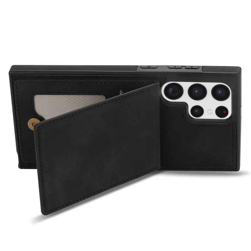 Back Cover for Samsung Galaxy S23 Ultra, Kickstand Design Scratch Proof Solid Color Phone Case RFID Blocking Multiple Card Slots Vertical Flip PU Leather Coated TPU Shell - Black