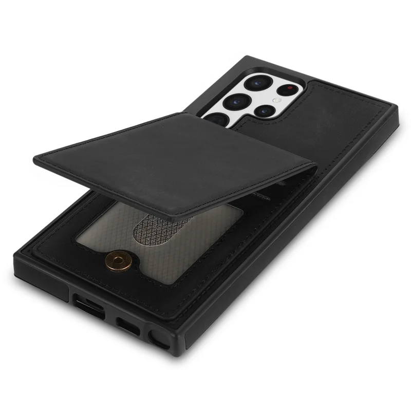 Back Cover for Samsung Galaxy S23 Ultra, Kickstand Design Scratch Proof Solid Color Phone Case RFID Blocking Multiple Card Slots Vertical Flip PU Leather Coated TPU Shell - Black