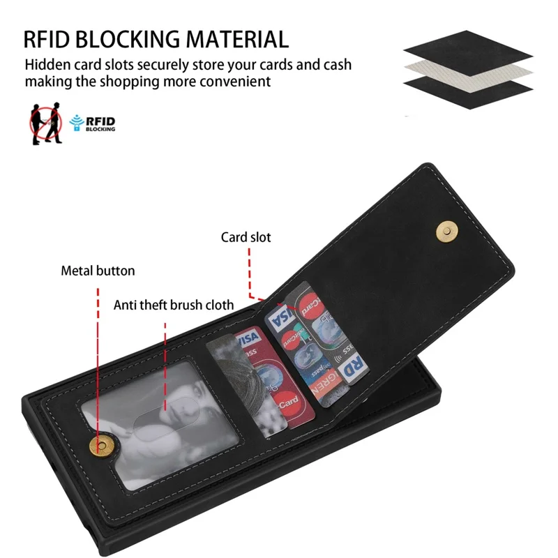 Back Cover for Samsung Galaxy S23 Ultra, Kickstand Design Scratch Proof Solid Color Phone Case RFID Blocking Multiple Card Slots Vertical Flip PU Leather Coated TPU Shell - Black