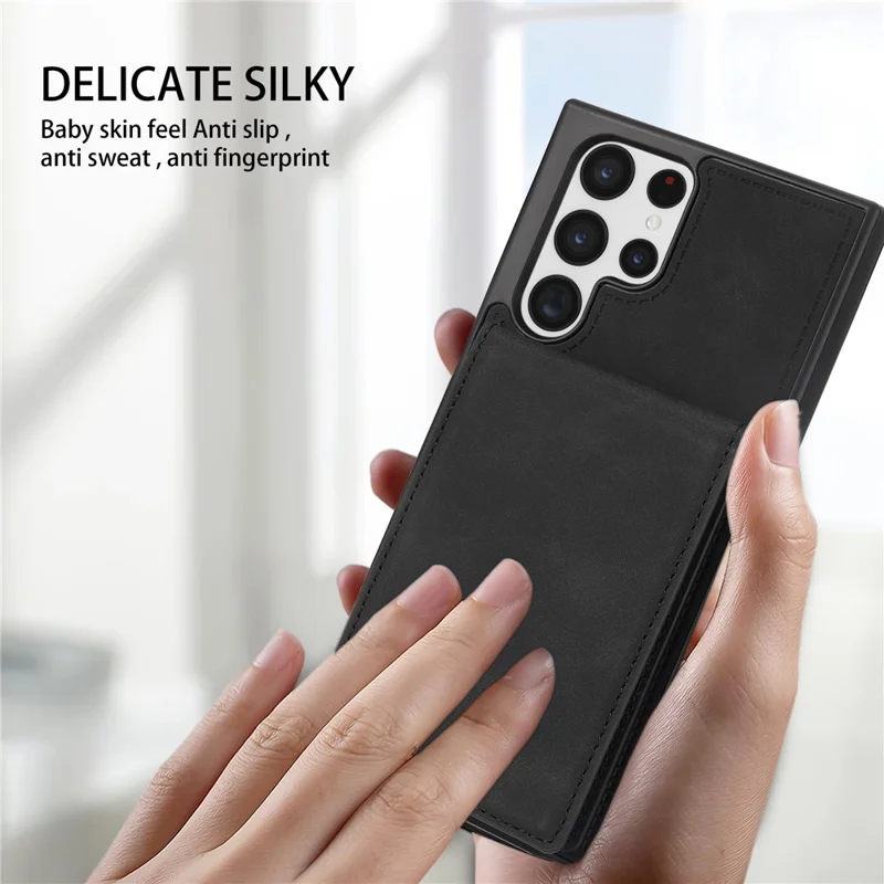 Back Cover for Samsung Galaxy S23 Ultra, Kickstand Design Scratch Proof Solid Color Phone Case RFID Blocking Multiple Card Slots Vertical Flip PU Leather Coated TPU Shell - Black