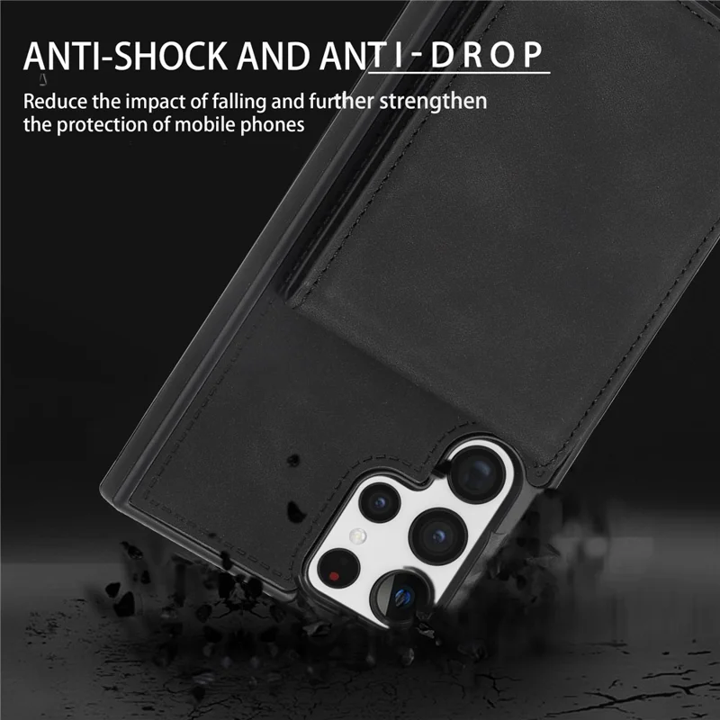 Back Cover for Samsung Galaxy S23 Ultra, Kickstand Design Scratch Proof Solid Color Phone Case RFID Blocking Multiple Card Slots Vertical Flip PU Leather Coated TPU Shell - Black