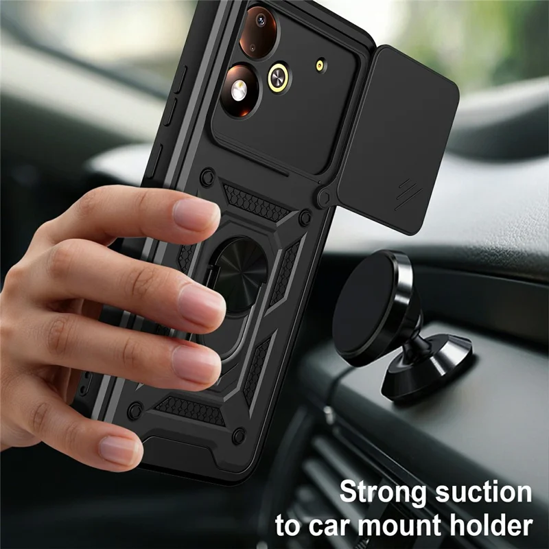 For Xiaomi Poco M8 Power 5G Case with Slide Camera Lid PC + TPU Kickstand Phone Cover - Black