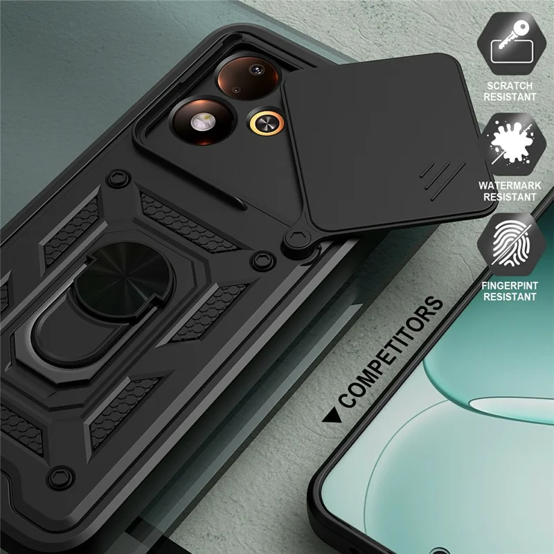 For Xiaomi Poco M8 Power 5G Case with Slide Camera Lid PC + TPU Kickstand Phone Cover - Black