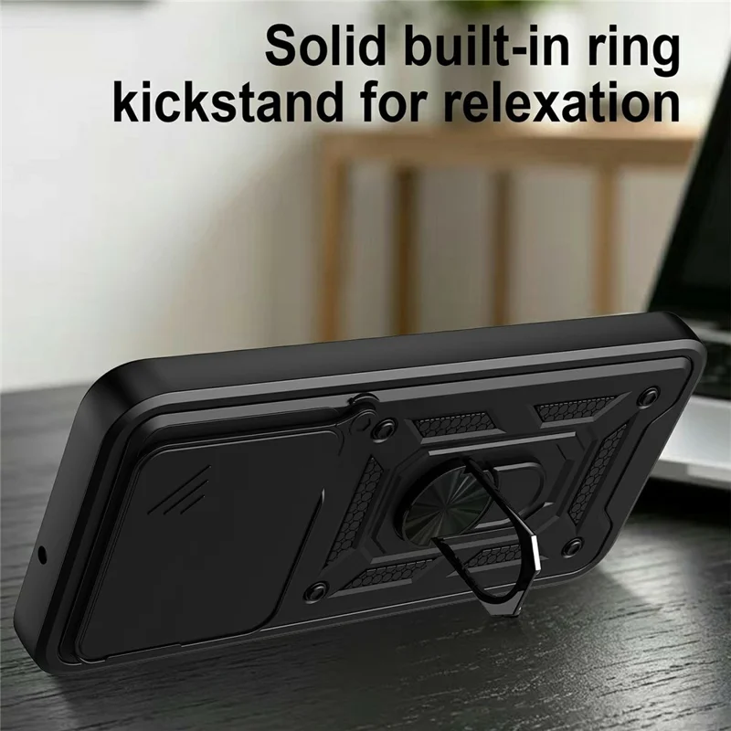 For Xiaomi Poco M8 Power 5G Case with Slide Camera Lid PC + TPU Kickstand Phone Cover - Black