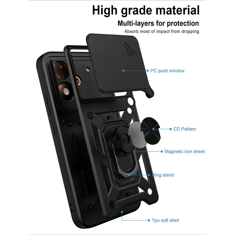 For Xiaomi Poco M8 Power 5G Case with Slide Camera Lid PC + TPU Kickstand Phone Cover - Black