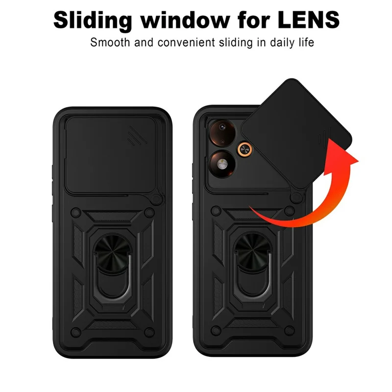 For Xiaomi Poco M8 Power 5G Case with Slide Camera Lid PC + TPU Kickstand Phone Cover - Black