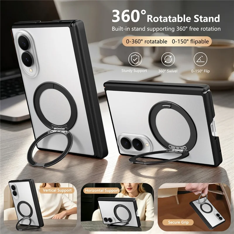 For Samsung Galaxy Z Fold8 Case with Hinge Protection and Rotatable Kickstand Skin-touch Phone Protective Cover - Black