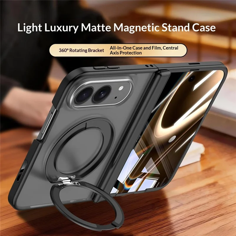 Für iPhone Duo Hülle Drehbarer magnetischer Ständer Mattes PC-Telefoncover mit Displayschutz aus gehärtetem Glas - Schwarz
