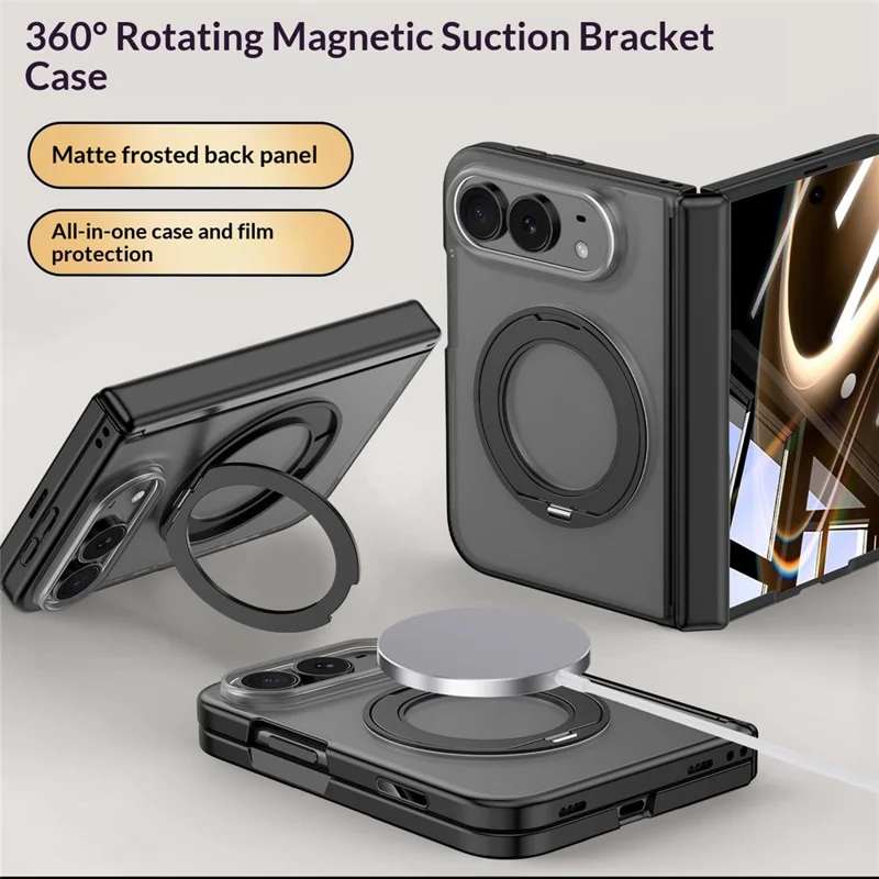 Für iPhone Duo Hülle Drehbarer magnetischer Ständer Mattes PC-Telefoncover mit Displayschutz aus gehärtetem Glas - Schwarz