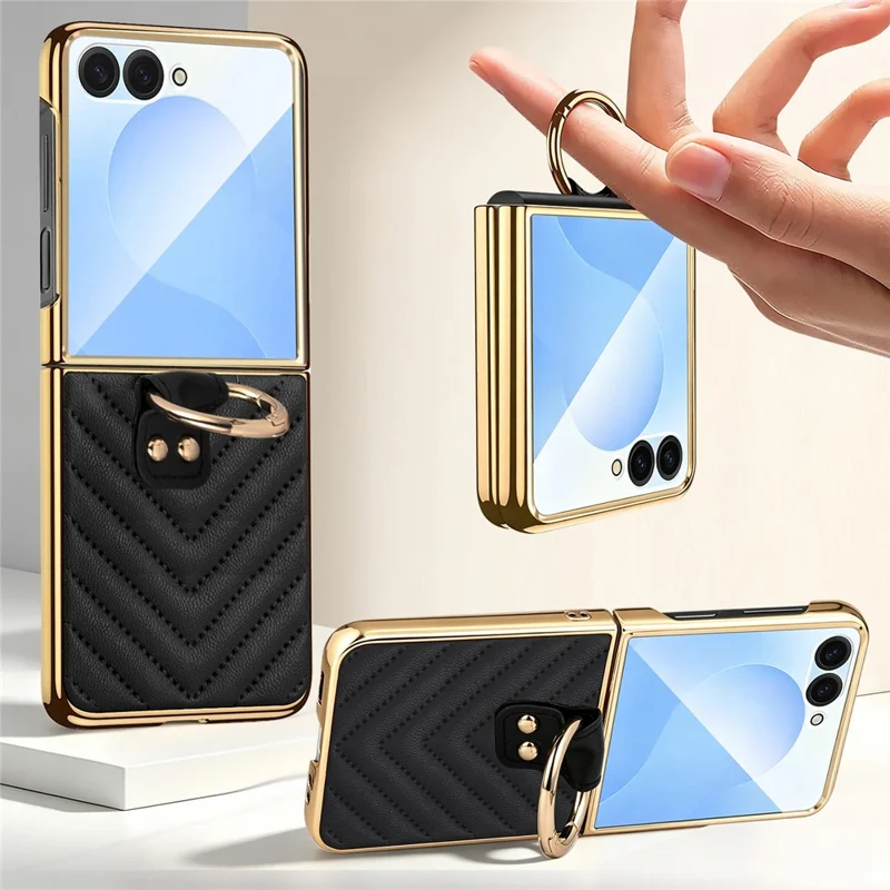 Cover per Samsung Galaxy Z Flip8 con Motivo a Forma di V e Supporto con Anello per Dita - Nero
