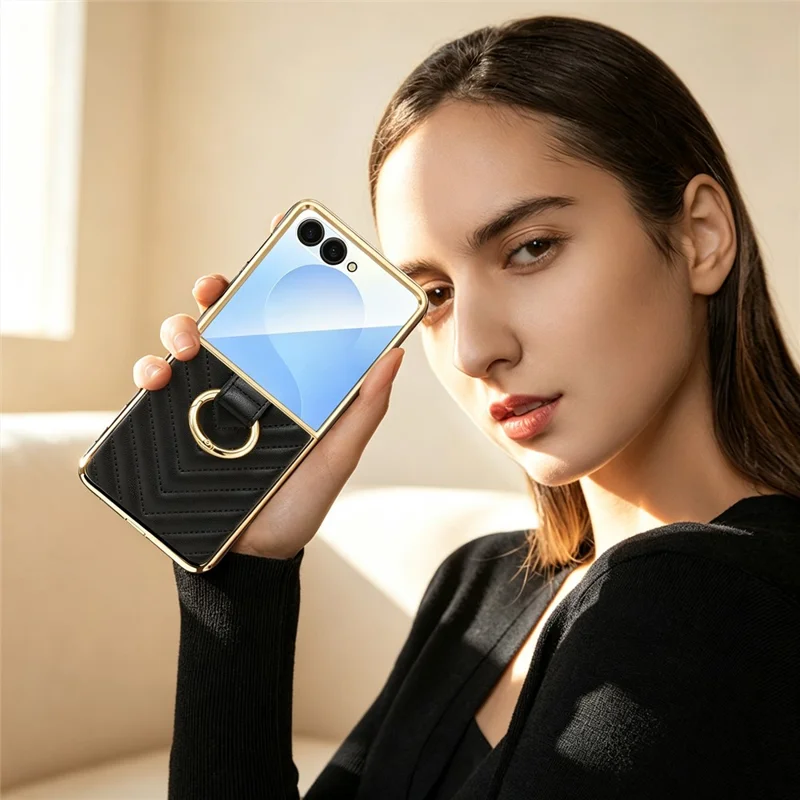 Cover per Samsung Galaxy Z Flip8 con Motivo a Forma di V e Supporto con Anello per Dita - Nero