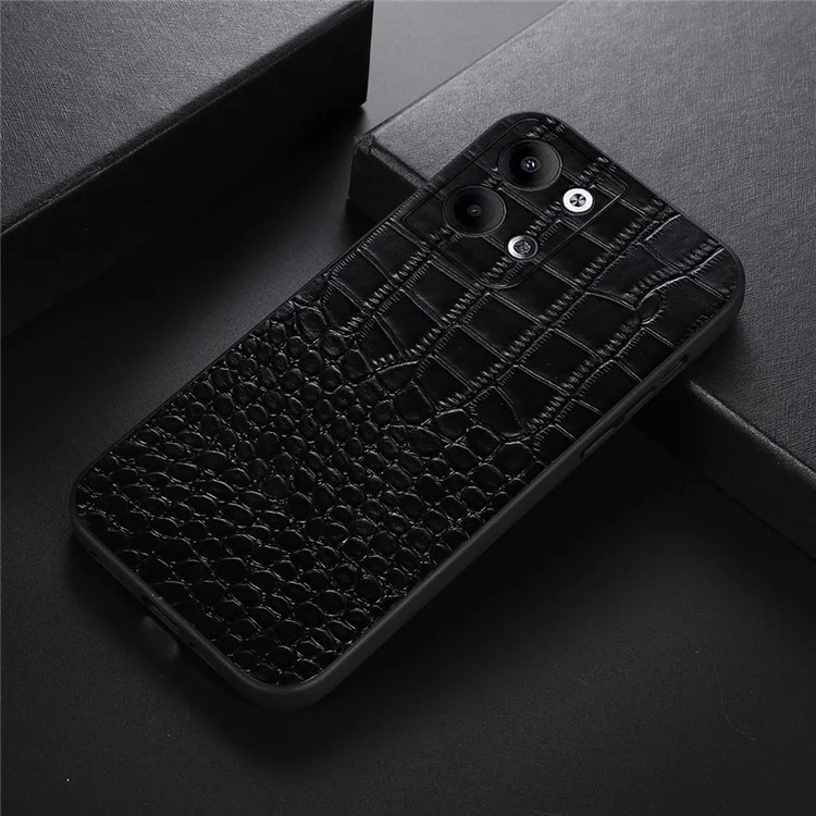 Crocodile Texture Phone Case For Oppo Reno9 Pro 5G / Reno9 5G, Genuine Cowhide Leather Coated PC+TPU Shockproof Mobile Phone Cover - Black