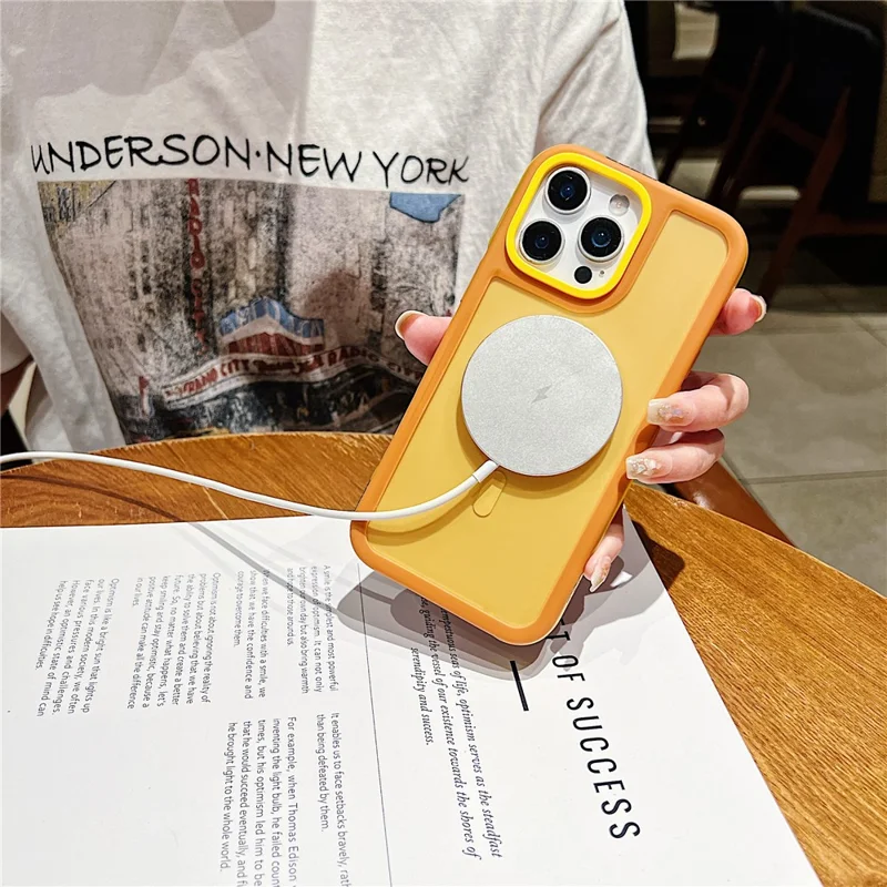 For iPhone 16 Pro Max Magnetic Case Contrast Design 2 in 1 PC + TPU Matte Phone Cover - Orange