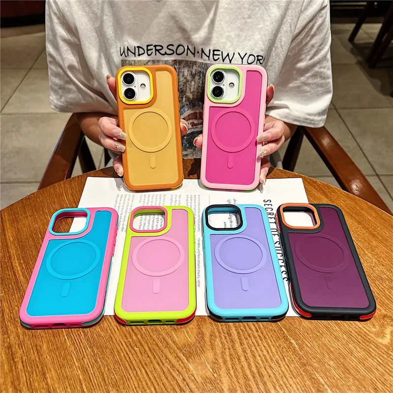 For iPhone 17 Magnetic Case Contrast Design 2 in 1 PC + TPU Matte Phone Cover - Pink